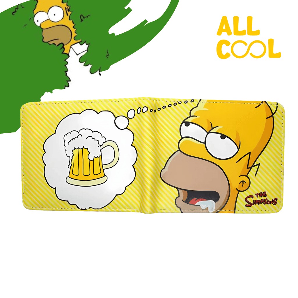 Una billetera de color amarillo con un diseño inspirado en Homero Simpson, el personaje principal de la serie de animación Los Simpson. La billetera tiene una imagen de Homero Simpson con una expresión de felicidad, soñando con una cerveza Duff.