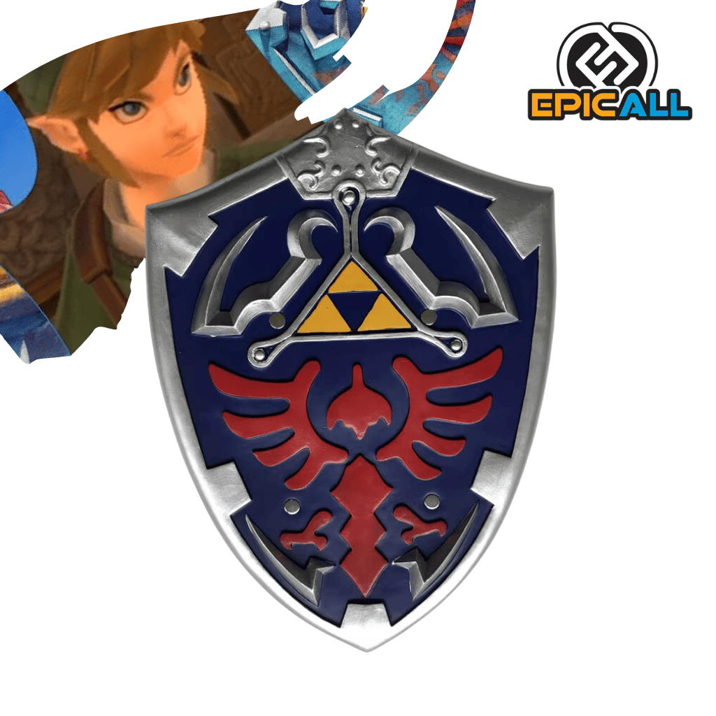 Un escudo grande de color azul con bordes plateados. En el centro del escudo se encuentra el símbolo de la Trifuerza y el escudo de Hyrule. El escudo tiene un aspecto medieval y está diseñado para colgar en la pared.