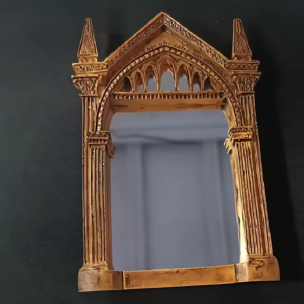 Foto real del espejo visto desde arriba apoyado en una mesa.