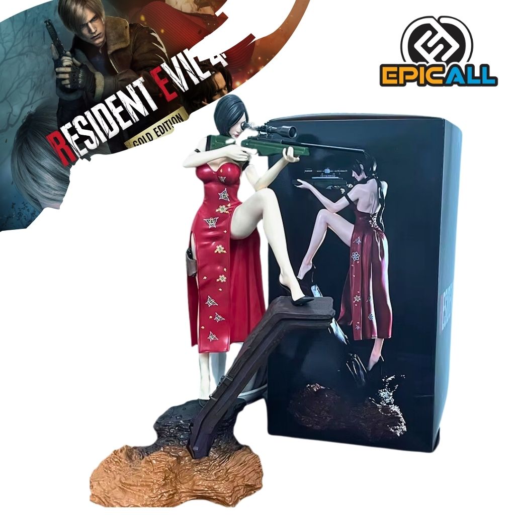 Una figura de acción de Ada Wong, un personaje del videojuego Resident Evil. La figura representa a Ada Wong en una pose seductora, con un vestido rojo y un rifle de francotirador. Está parada sobre una base con elementos del universo Resident Evil.