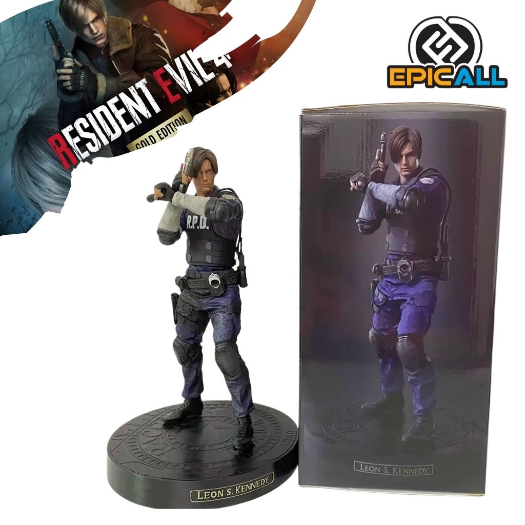 Una figura de acción de Leon S. Kennedy, un personaje de la saga de videojuegos Resident Evil. La figura representa a Leon en una pose de acción, sosteniendo una pistola y con una expresión determinada. Lleva una chaqueta de cuero y pantalones vaqueros, y está parado sobre una base con elementos del universo Resident Evil.