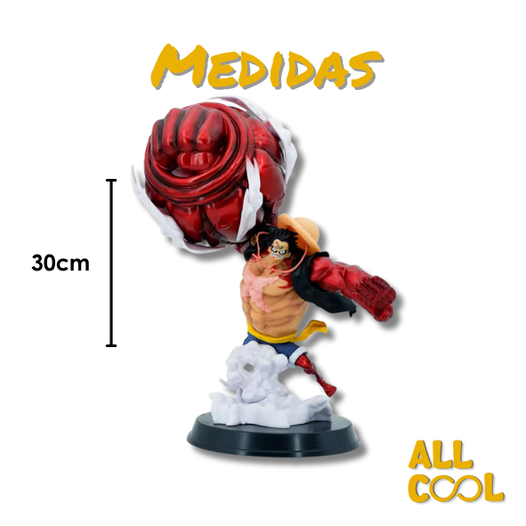 Estatua de un personaje de anime, Luffy, en una pose de lucha. Tiene un brazo gigante y musculoso de color rojo. La estatua está sobre una base circular y mide 30 centímetros de alto.