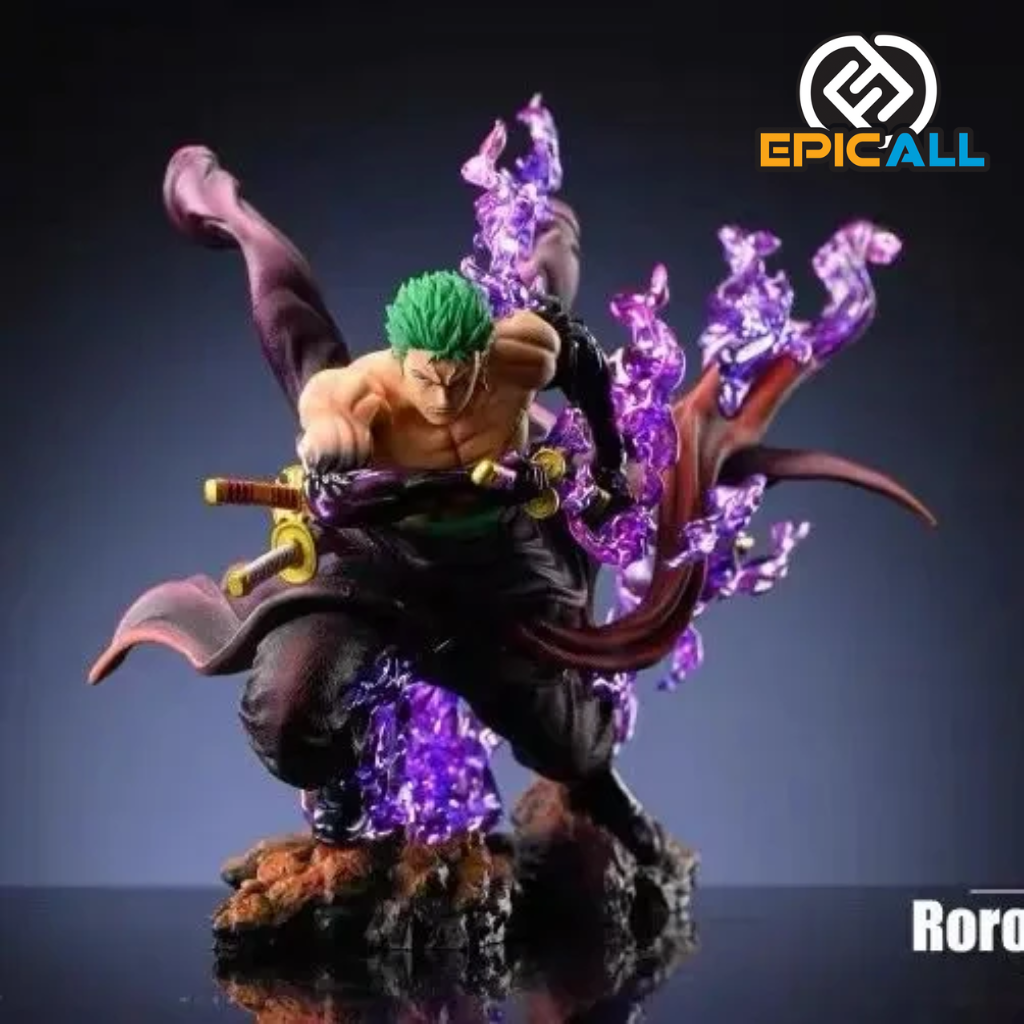 La imagen muestra una estatua de 21 cm del personaje Roronoa Zoro de One Piece, envuelto en su Haki y con detalles dinámicos y realistas.