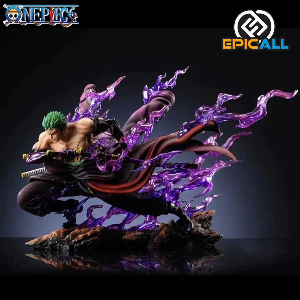 La imagen muestra una estatua de 21 cm del personaje Roronoa Zoro de One Piece, envuelto en su Haki y con detalles dinámicos y realistas.