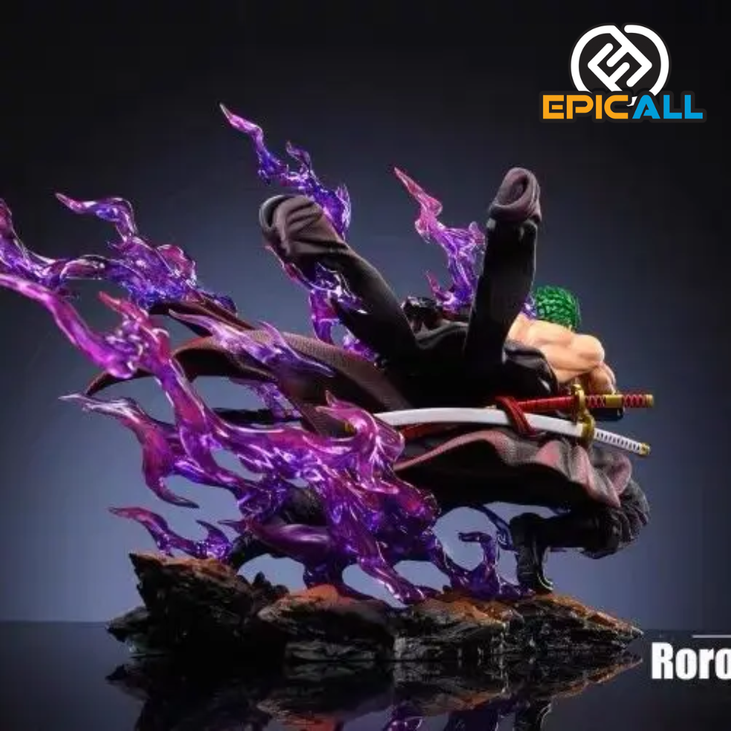 La imagen muestra una estatua de 21 cm del personaje Roronoa Zoro de One Piece, envuelto en su Haki y con detalles dinámicos y realistas.