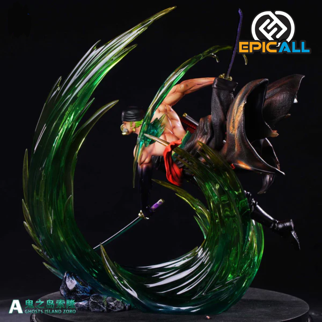 La imagen muestra una estatua de 24 cm del personaje Zoro de One Piece en una pose dinámica, con efectos visuales verdes alrededor. En la esquina superior derecha está el logotipo de EpicAll.