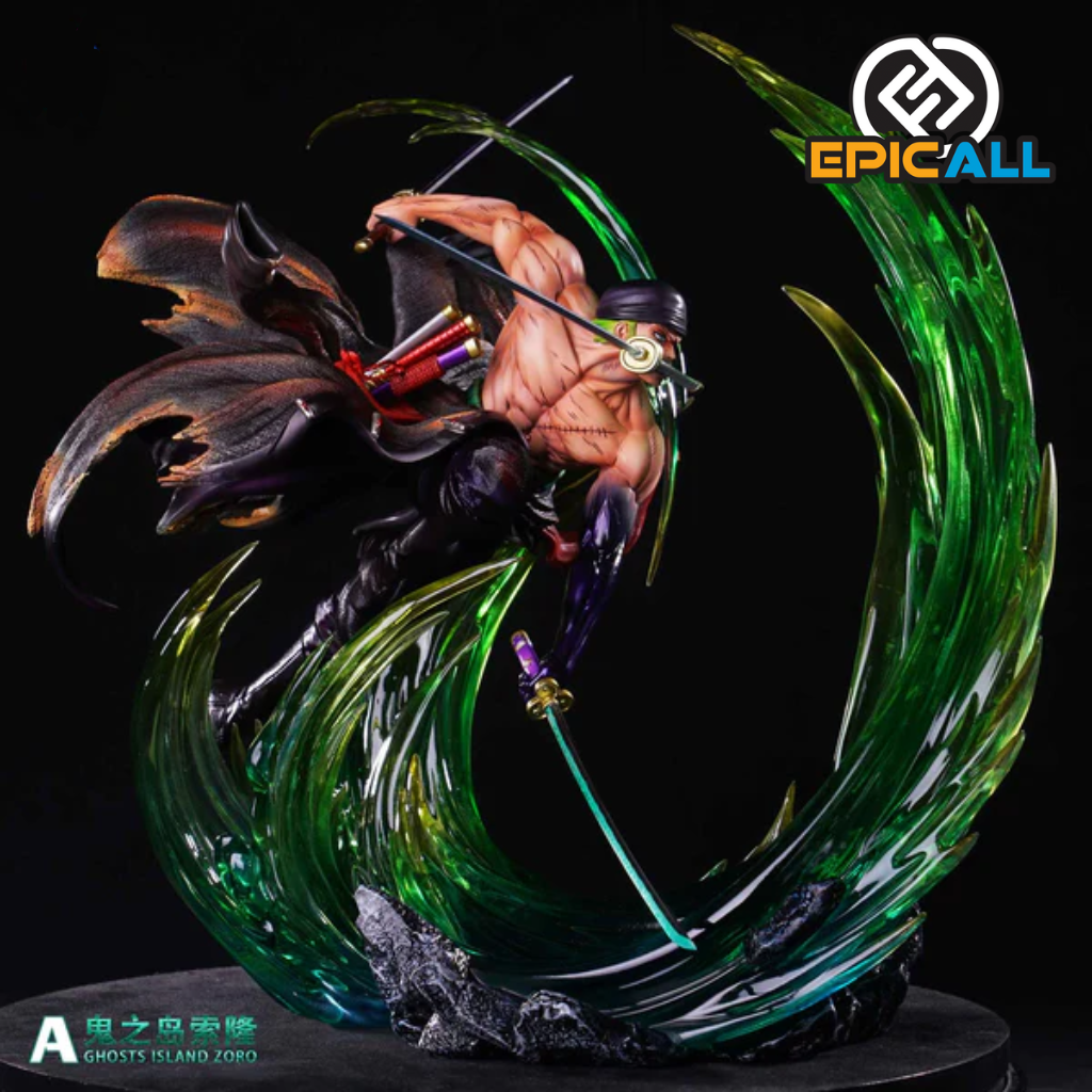 La imagen muestra una estatua de 24 cm del personaje Zoro de One Piece en una pose dinámica, con efectos visuales verdes alrededor. En la esquina superior derecha está el logotipo de EpicAll.