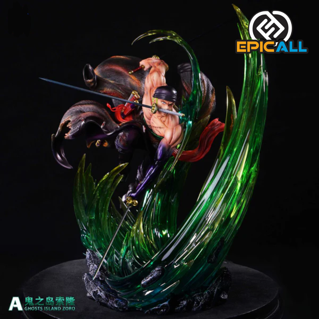 La imagen muestra una estatua de 24 cm del personaje Zoro de One Piece en una pose dinámica, con efectos visuales verdes alrededor. En la esquina superior derecha está el logotipo de EpicAll.