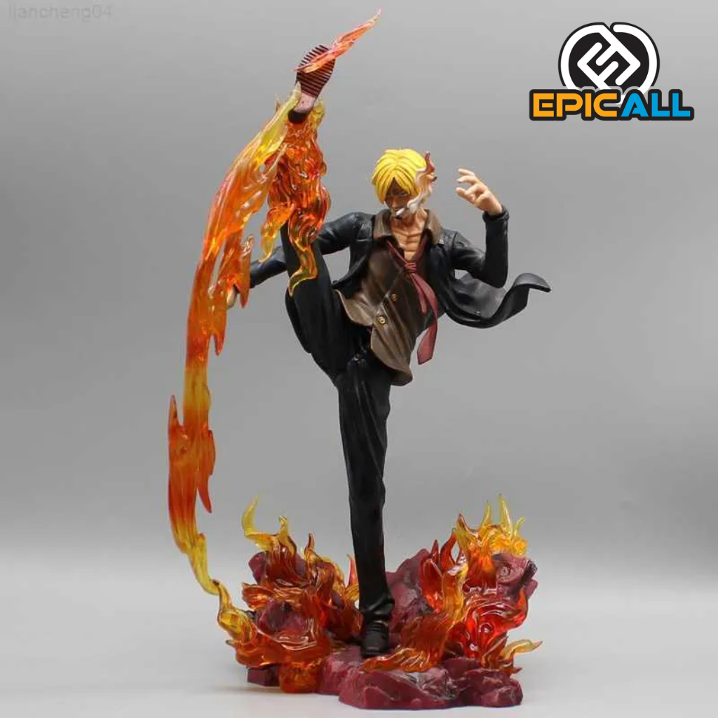 La imagen muestra una estatua de 35 cm del personaje Sanji de One Piece en una pose dinámica. Sanji está realizando su ataque "Pierna del Diablo", con su pierna derecha elevada y envuelta en llamas. La base de la estatua también tiene elementos de llamas. En la esquina superior izquierda hay una ilustración del rostro de Sanji y en la superior derecha el logotipo de EpicAll.
