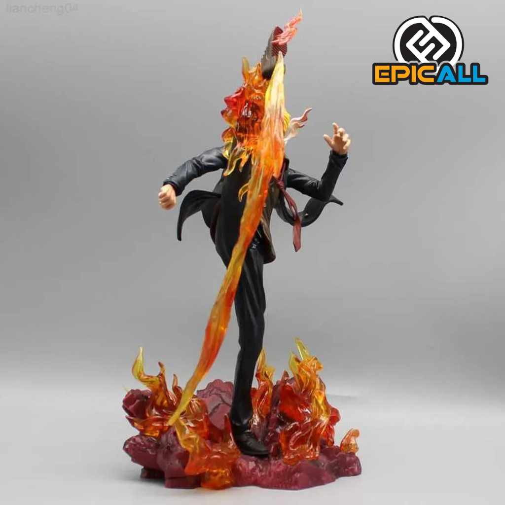 La imagen muestra una estatua de 35 cm del personaje Sanji de One Piece en una pose dinámica. Sanji está realizando su ataque "Pierna del Diablo", con su pierna derecha elevada y envuelta en llamas. La base de la estatua también tiene elementos de llamas. En la esquina superior izquierda hay una ilustración del rostro de Sanji y en la superior derecha el logotipo de EpicAll.