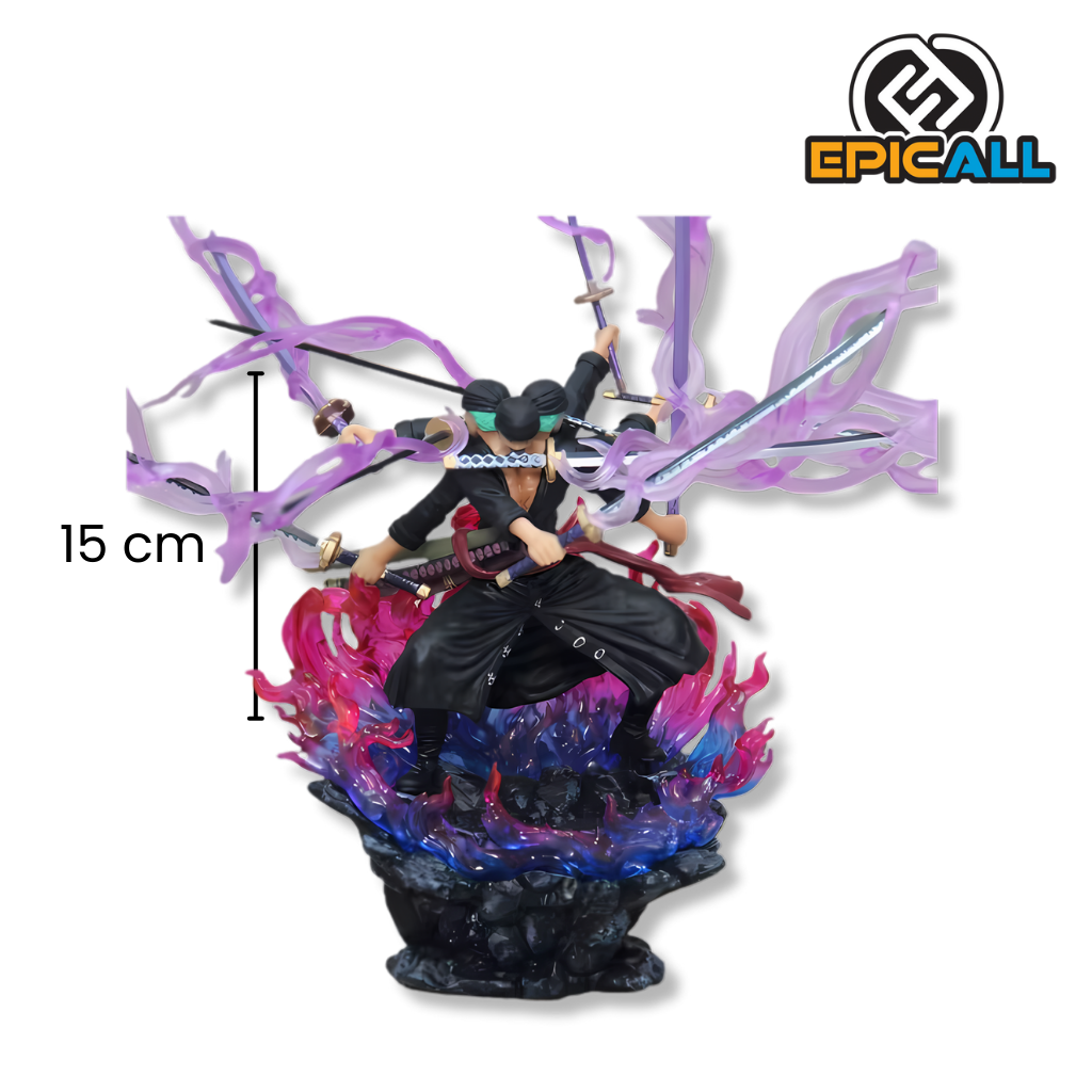 Estatua de Roronoa Zoro de 15 cm, con tres espadas y efectos de Haki en color morado, sobre una base con efectos de fuego en tonos azul y rojo. La estatua muestra a Zoro en una pose de combate, con el logo de EpicAll en la esquina superior derecha.