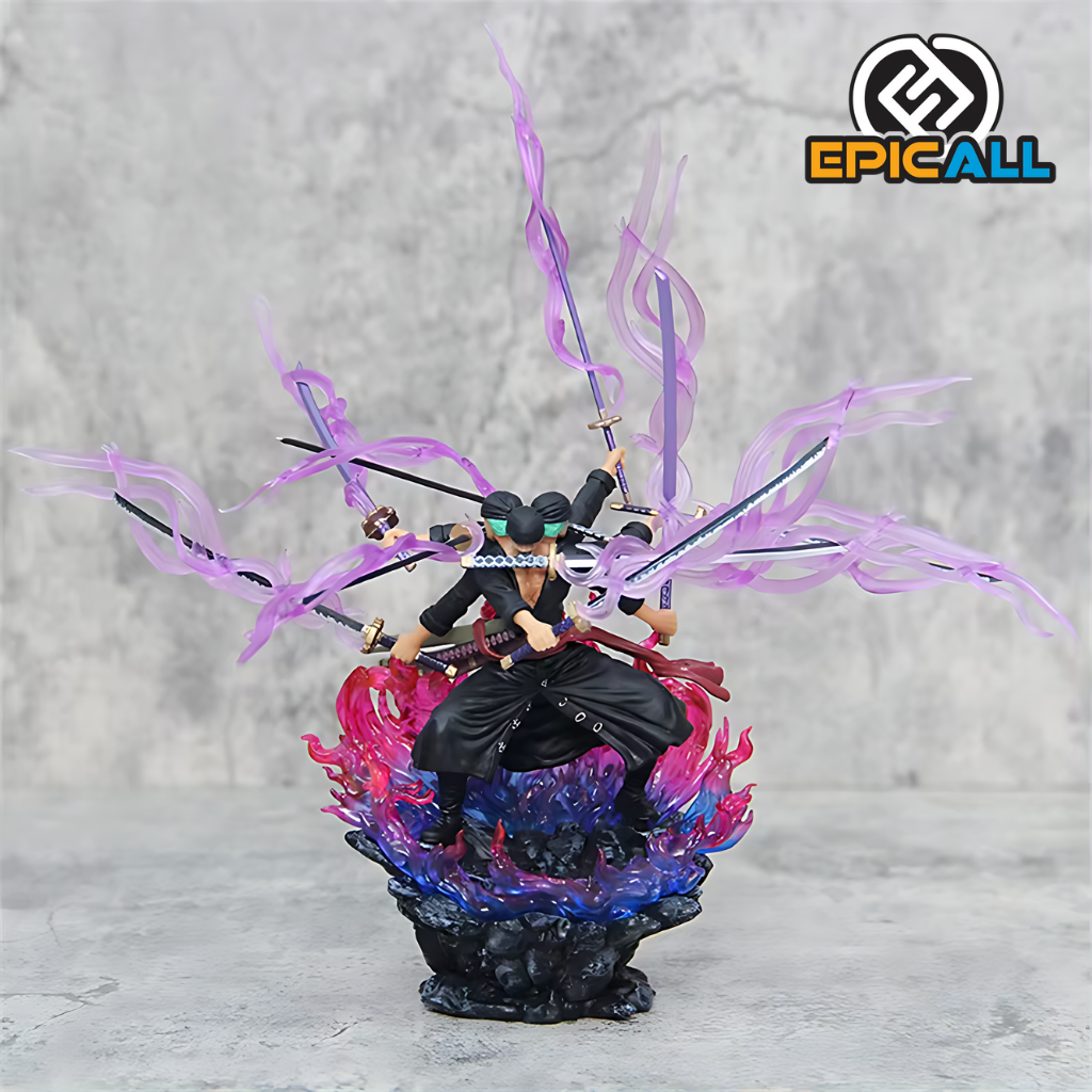 Estatua de Roronoa Zoro de 15 cm, con tres espadas y efectos de Haki en color morado, sobre una base con efectos de fuego en tonos azul y rojo. La estatua muestra a Zoro en una pose de combate, con el logo de EpicAll en la esquina superior derecha.
