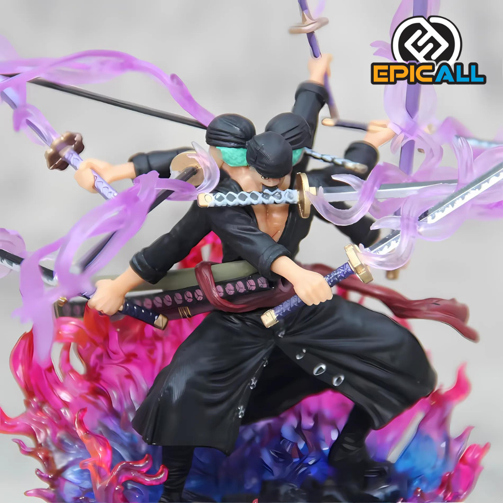 Estatua de Roronoa Zoro de 15 cm, con tres espadas y efectos de Haki en color morado, sobre una base con efectos de fuego en tonos azul y rojo. La estatua muestra a Zoro en una pose de combate, con el logo de EpicAll en la esquina superior derecha.