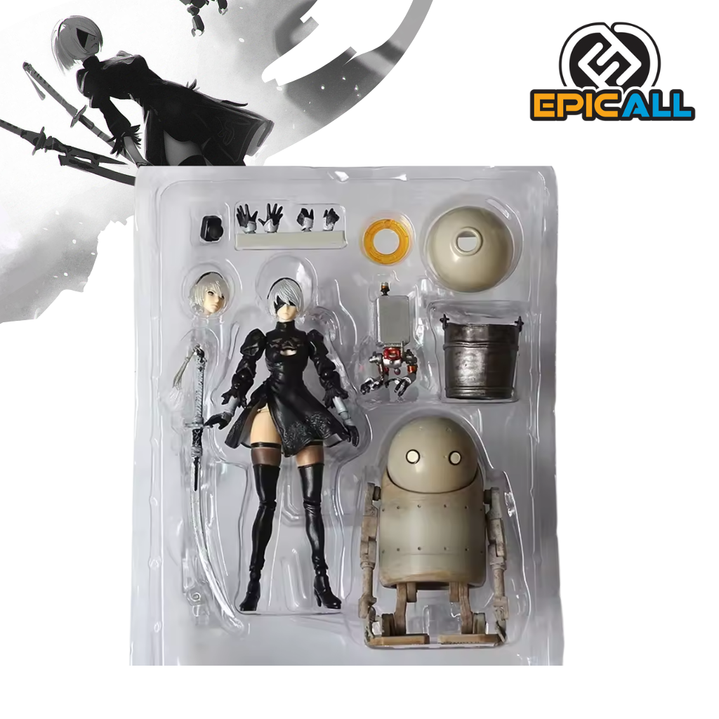 Una figura articulada de 2B, el personaje principal del videojuego Nier Automata. La figura está representada con su atuendo característico y viene con accesorios como armas y manos intercambiables. La figura tiene múltiples puntos de articulación para posarla en diferentes posiciones.