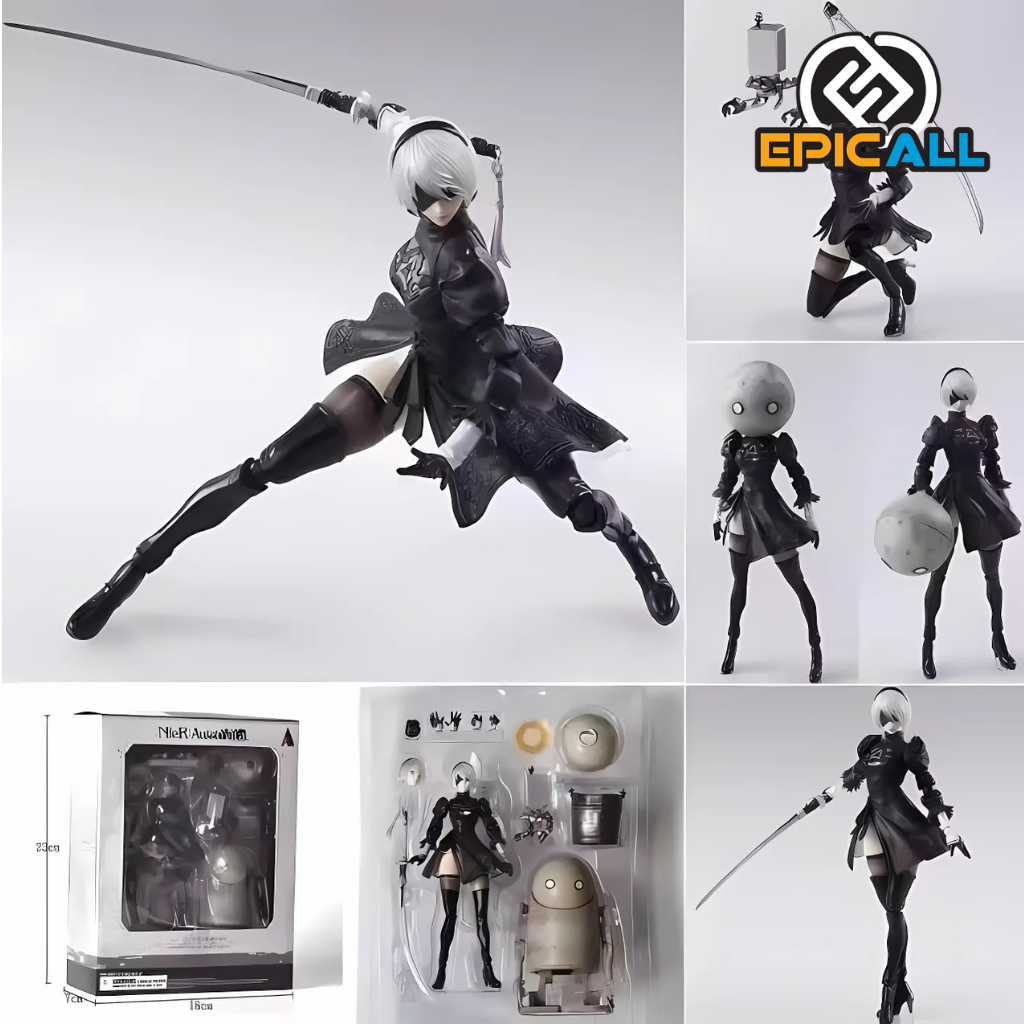 Collage de fotos de la figura de 2B en diferentes poses y mostrando los accesorios.