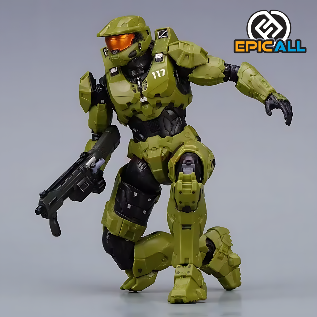 Imagen de una figura de acción articulada de Master Chief de Halo Infinite, de 18 cm de altura, con varios accesorios y armas incluidas, presentada en su empaque original.