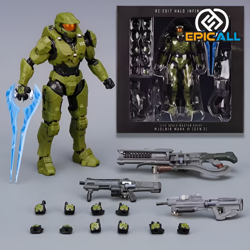 Imagen de una figura de acción articulada de Master Chief de Halo Infinite, de 18 cm de altura, con varios accesorios y armas incluidas, presentada en su empaque original.