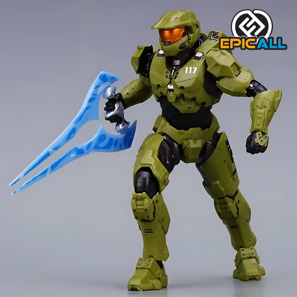 Imagen de una figura de acción articulada de Master Chief de Halo Infinite, de 18 cm de altura, con varios accesorios y armas incluidas, presentada en su empaque original.