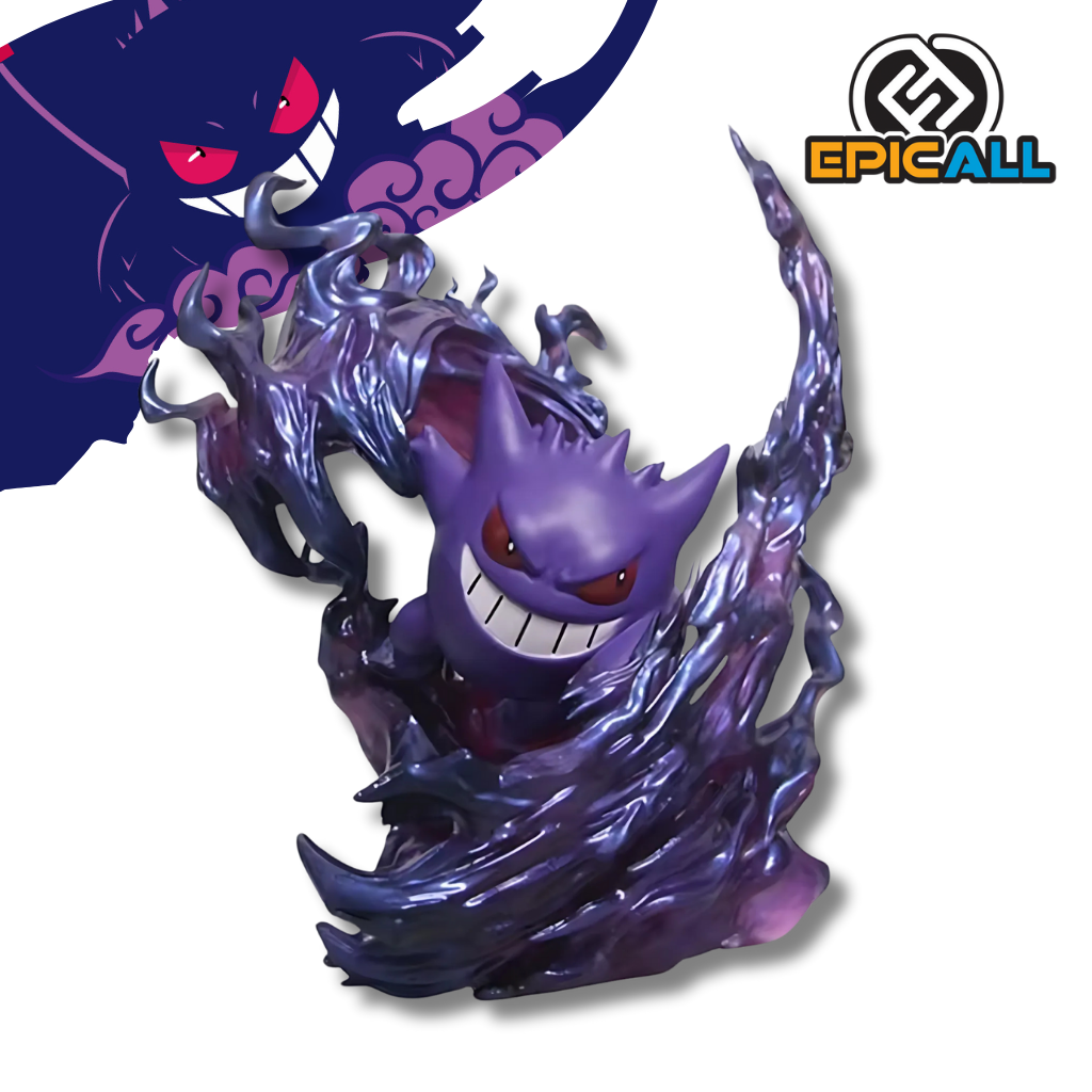 Una figura estatua de Gengar de Pokémon, de aproximadamente 18cm de altura. Gengar está representado con una sonrisa maliciosa y rodeado de un aura de energía oscura y púrpura.