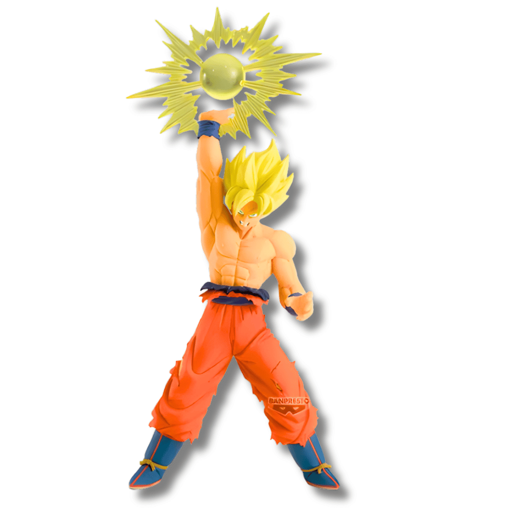 Estatua de Goku Super Saiyan de Dragon Ball Z lanzando un ataque de energía. Goku aparece sin camisa, con pantalones naranjas rotos y sosteniendo una esfera de poder translúcida amarilla con destellos sobre su cabeza.