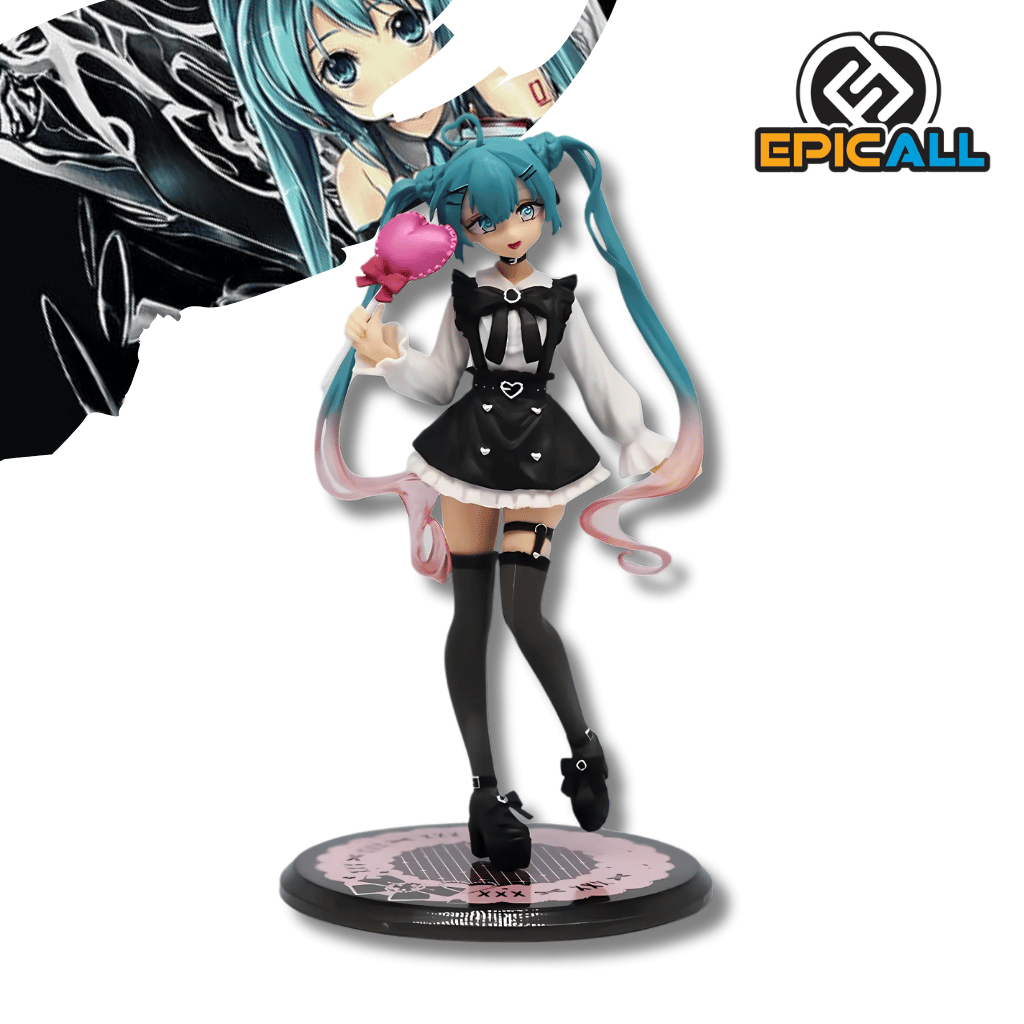 Una figura de Hatsune Miku de 19cm de altura con un estilo de subcultura. Miku lleva un vestido negro y blanco con corazones, medias negras hasta el muslo y botas negras. Tiene el pelo turquesa recogido en dos coletas y sostiene un corazón rosa en una mano. La figura está sobre una base redonda con un diseño temático.