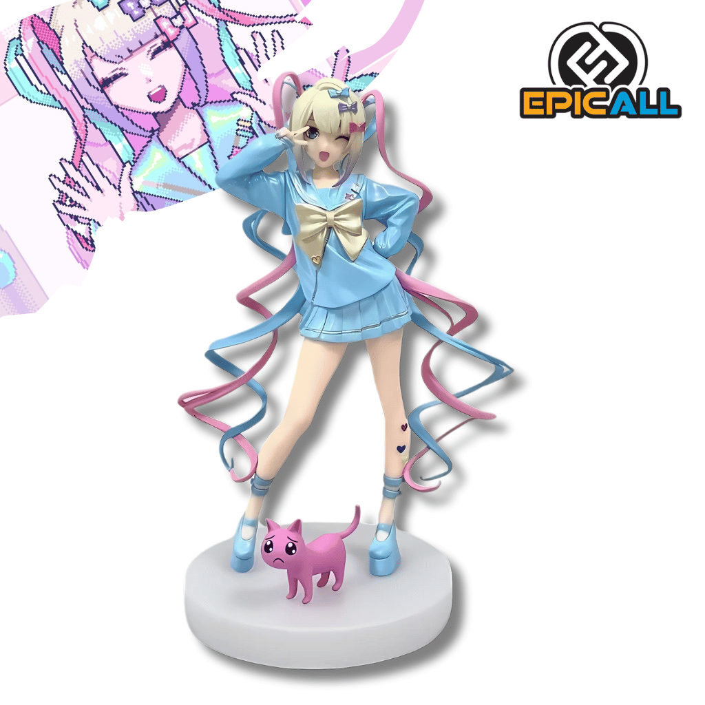 Una figura de KAngel de 20cm de altura. KAngel es una chica de anime con cabello rubio y rosa recogido en coletas, ojos azules y un atuendo azul y blanco con detalles de lazo. Está haciendo un gesto con la mano cerca de su ojo y guiñando el otro. A sus pies hay una pequeña figura de un gato rosa con una expresión triste. La figura está sobre una base blanca redonda.