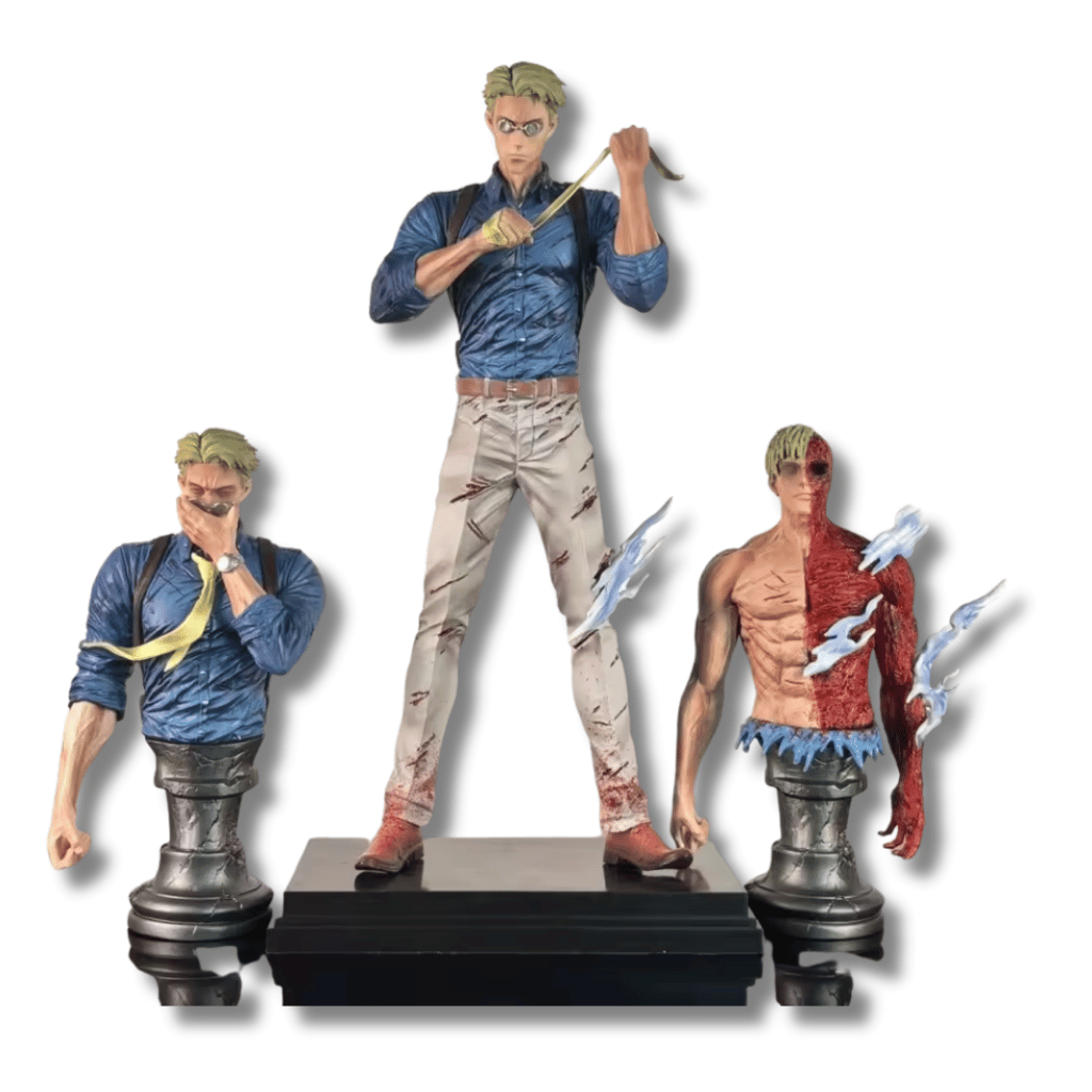 Una figura de estatua de Kento Nanami de Jujutsu Kaisen, de unos 30 cm de altura, vestido con camisa de vestir azul y pantalones claros, sosteniendo su arma. La figura central está flanqueada por dos bustos separados del mismo personaje: uno cubriéndose la boca y otro con el torso mitad carne/mitad piel o hueso, con efectos azules.