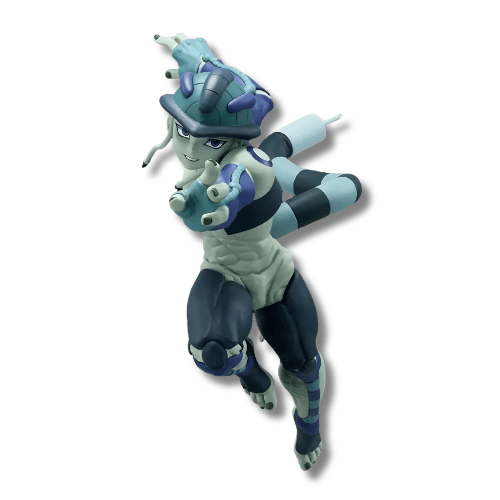 Estatua de Meruem de Hunter x Hunter en una pose de ataque dinámica, con la mano derecha extendida hacia adelante, mostrando su característica piel segmentada verde y morada y su larga cola con aguijón.