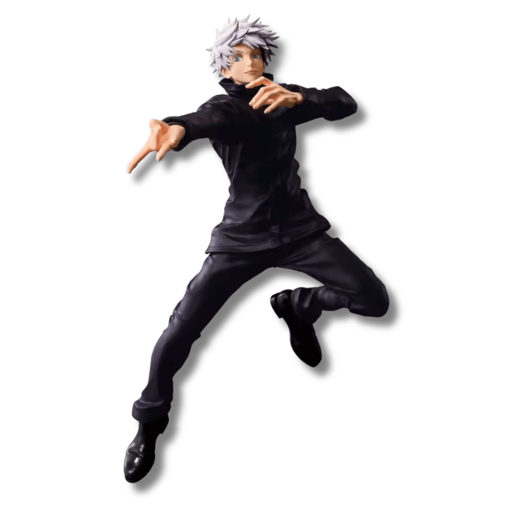 Estatua de Satoru Gojo de Jujutsu Kaisen en una pose de combate dinámica y aérea, con el cabello blanco erizado, vistiendo su uniforme técnico negro y realizando un gesto técnico con las manos.