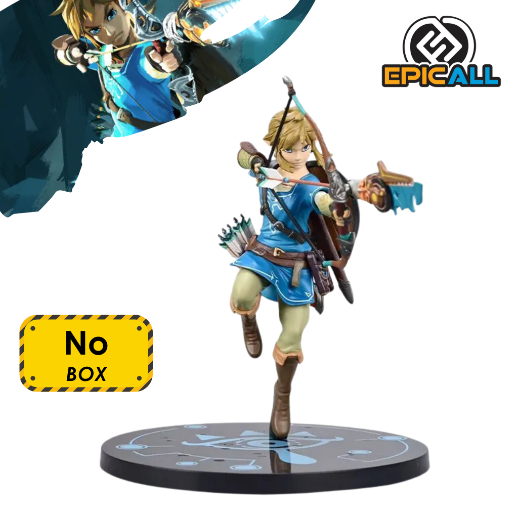 Una figura de acción de Link, el protagonista de The Legend of Zelda: Breath of the Wild. Está representado en una pose dinámica, empuñando un arco y una flecha. Lleva la vestimenta típica de Link, que incluye una túnica verde y pantalones marrones. La figura está colocada sobre una base circular.
