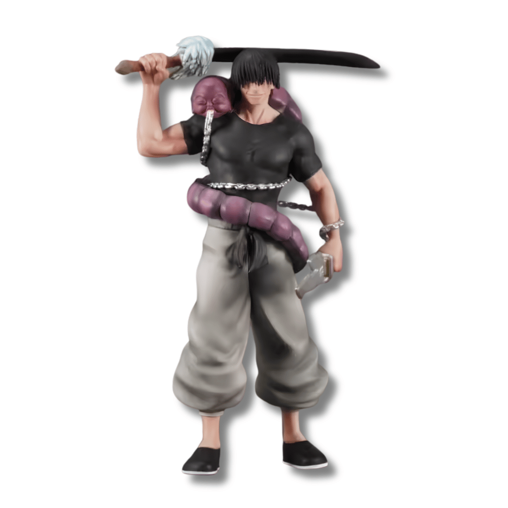 Figura coleccionable de PVC de 21 cm de altura de Toji Fushiguro de Jujutsu Kaisen, posando de pie con katana gigante sobre el hombro, espíritu maldito de inventario enrollado en el torso, polera negra ajustada y pantalones holgados grises.