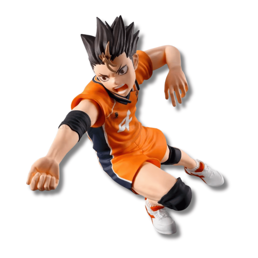 Estatua de Yu Nishinoya de Haikyuu!! en una pose de acción dinámica de voleibol, vistiendo su uniforme naranja de líbero y suspendido en el aire para una recepción.