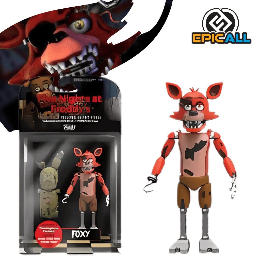 Una figura de acción articulada de Foxy, un personaje del videojuego Five Nights at Freddy's. Foxy es un zorro animatrónico de color rojo y morado con un gancho pirata. Está representado en una pose amenazante. La figura está empaquetada en un blister transparente.