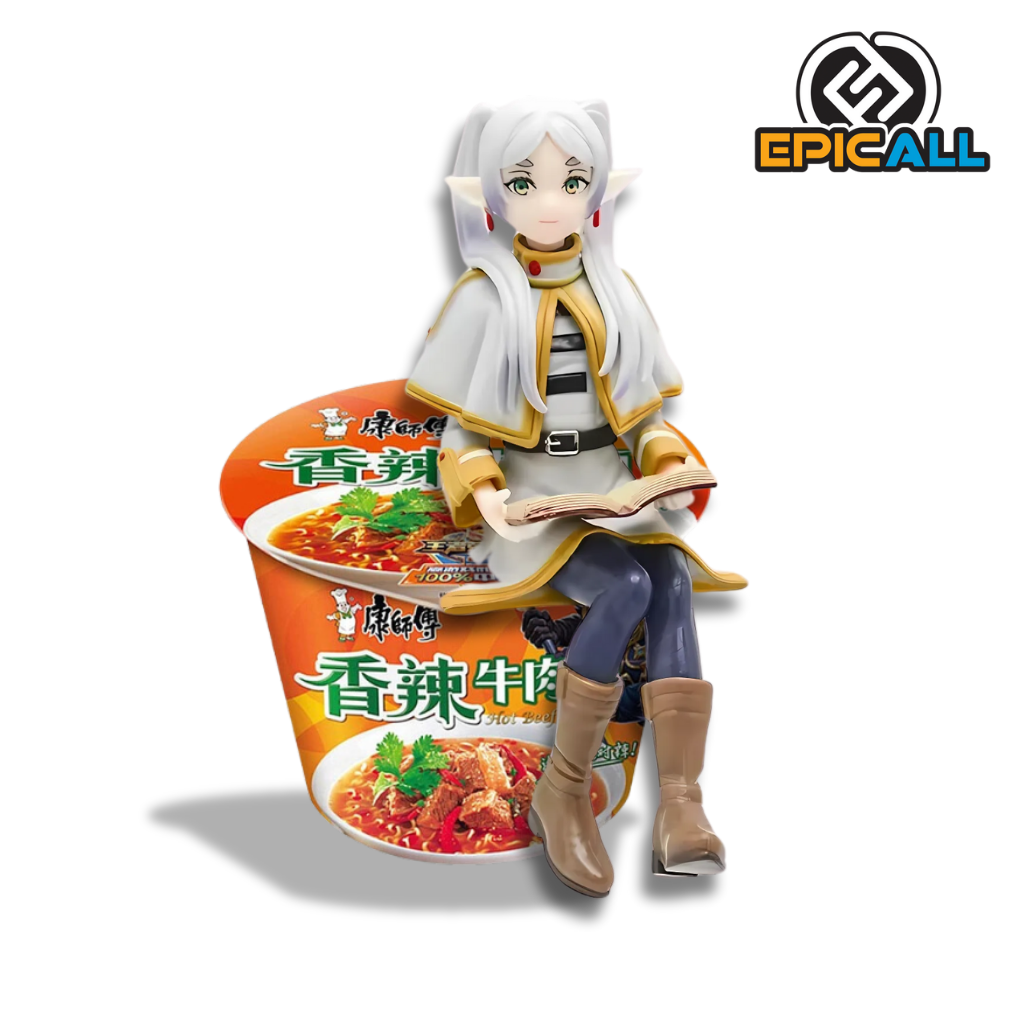 Foto de la figura topper de Frieren sentada en un Ramen.