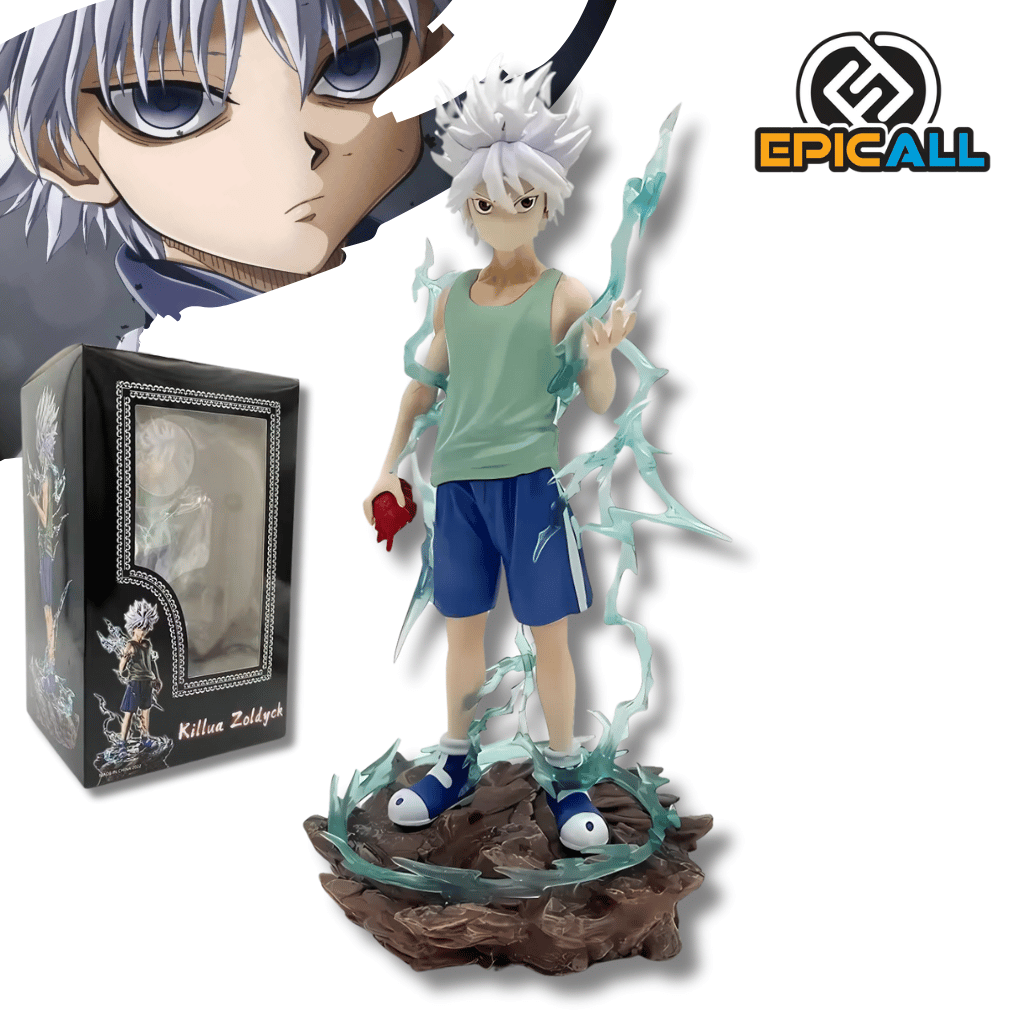 Una figura de acción de Killua Zoldyck, un personaje del anime Hunter x Hunter. Killua está representado con su cabello blanco. Está realizando un gesto con la mano, rodeado de rayos eléctricos. La figura está colocada sobre una base con efectos de electricidad.