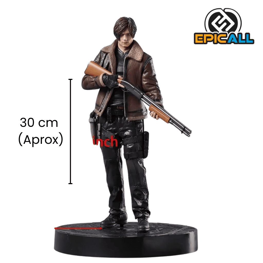 Leon está representado con su traje de agente especial, empuñando una escopeta. Está en una pose de acción, listo para enfrentar a los enemigos. La figura está colocada sobre una base que simula un entorno de la serie.