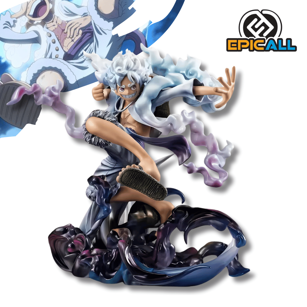 Una figura de acción de Monkey D. Luffy, el protagonista de One Piece, en su forma Gear 5. Luffy está representado con el cabello blanco y una expresión determinada, realizando un movimiento con su brazo derecho. Su cuerpo está rodeado de una energía brillante de color azul y rosa. La figura está colocada sobre una base que representa el suelo agrietado.
