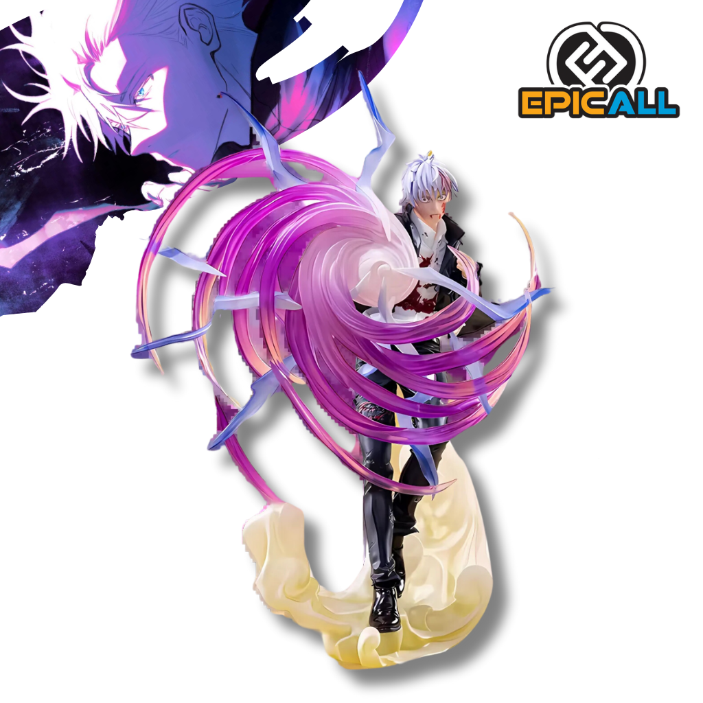 Una figura de Satoru Gojo, un personaje del anime Jujutsu Kaisen. Gojo está representado con su cabello blanco, ojos vendados y un traje negro. Está realizando un gesto con las manos, rodeado de energía morada. La figura está colocada sobre una base con efectos de energía.