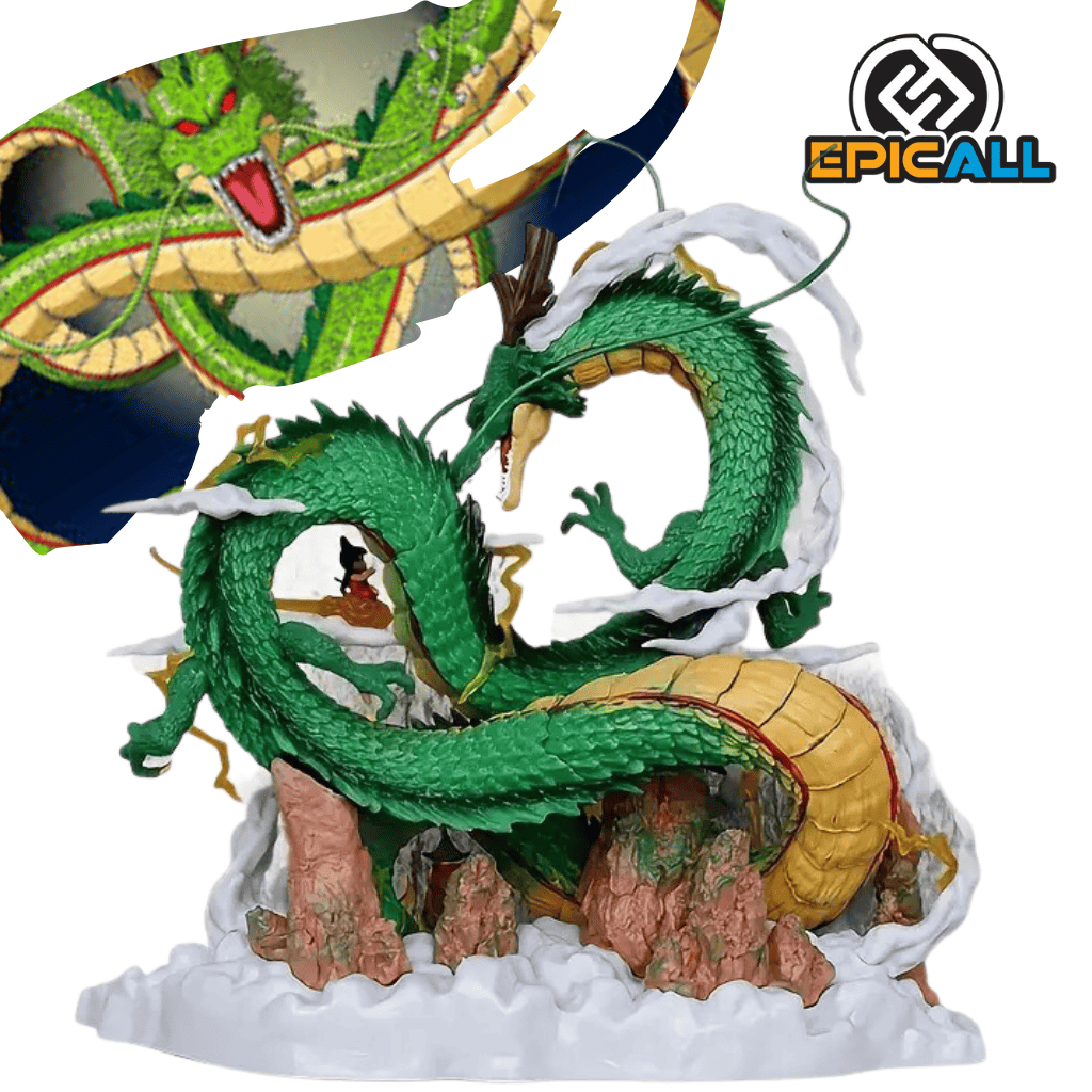Una figura de Shenron, el dragón de las esferas del dragón, y Goku, el protagonista de Dragon Ball. Shenron es un dragón verde gigante con ojos rojos, y Goku está sentado sobre la nube voladora. La figura está colocada sobre una base con nubes.