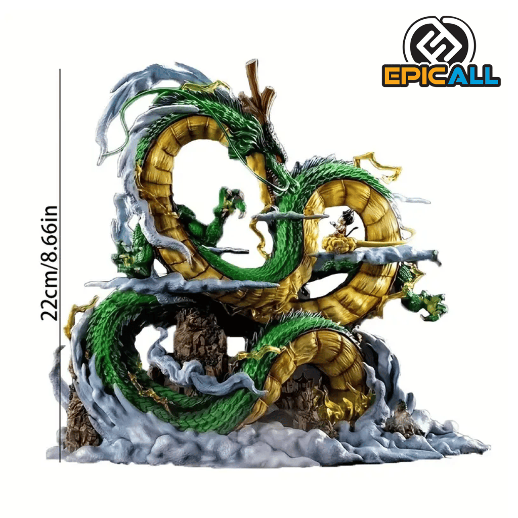 Una figura de Shenron, el dragón de las esferas del dragón, y Goku, el protagonista de Dragon Ball. Shenron es un dragón verde gigante con ojos rojos, y Goku está sentado sobre la nube voladora. La figura está colocada sobre una base con nubes.