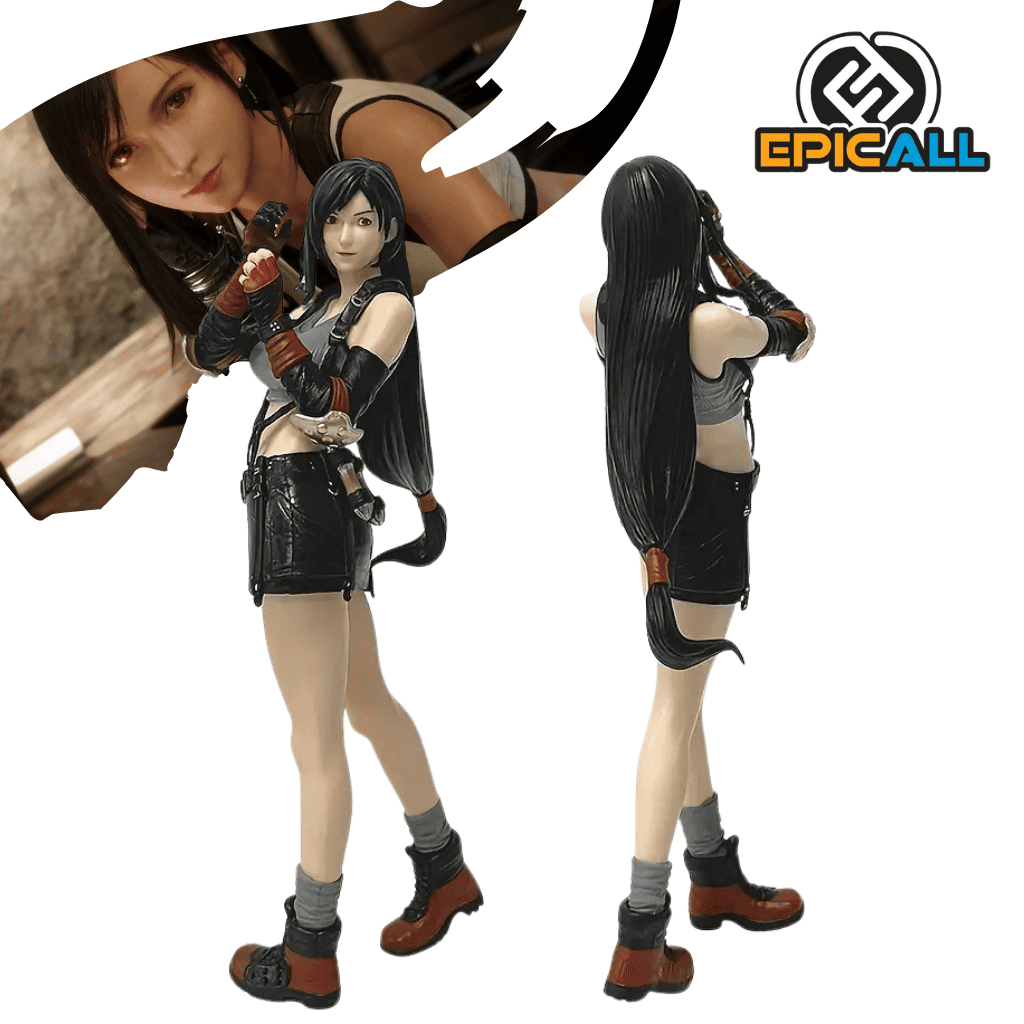 Una figura de acción de Tifa Lockhart, un personaje del videojuego Final Fantasy VII. Tifa está representada con su cabello negro, un vestido azul y guantes. Está en una pose de combate, con un puño levantado. La figura está colocada sobre una base que representa un entorno urbano.