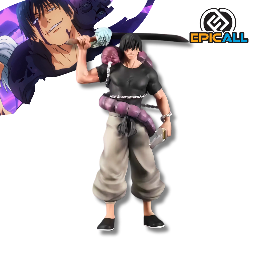 Una figura de acción de Toji Fushiguro, un personaje del anime Jujutsu Kaisen. Toji está representado con un traje negro y blanco, sosteniendo dos espadas. Tiene una expresión egocentrica y una pose de estar listo para el combate.