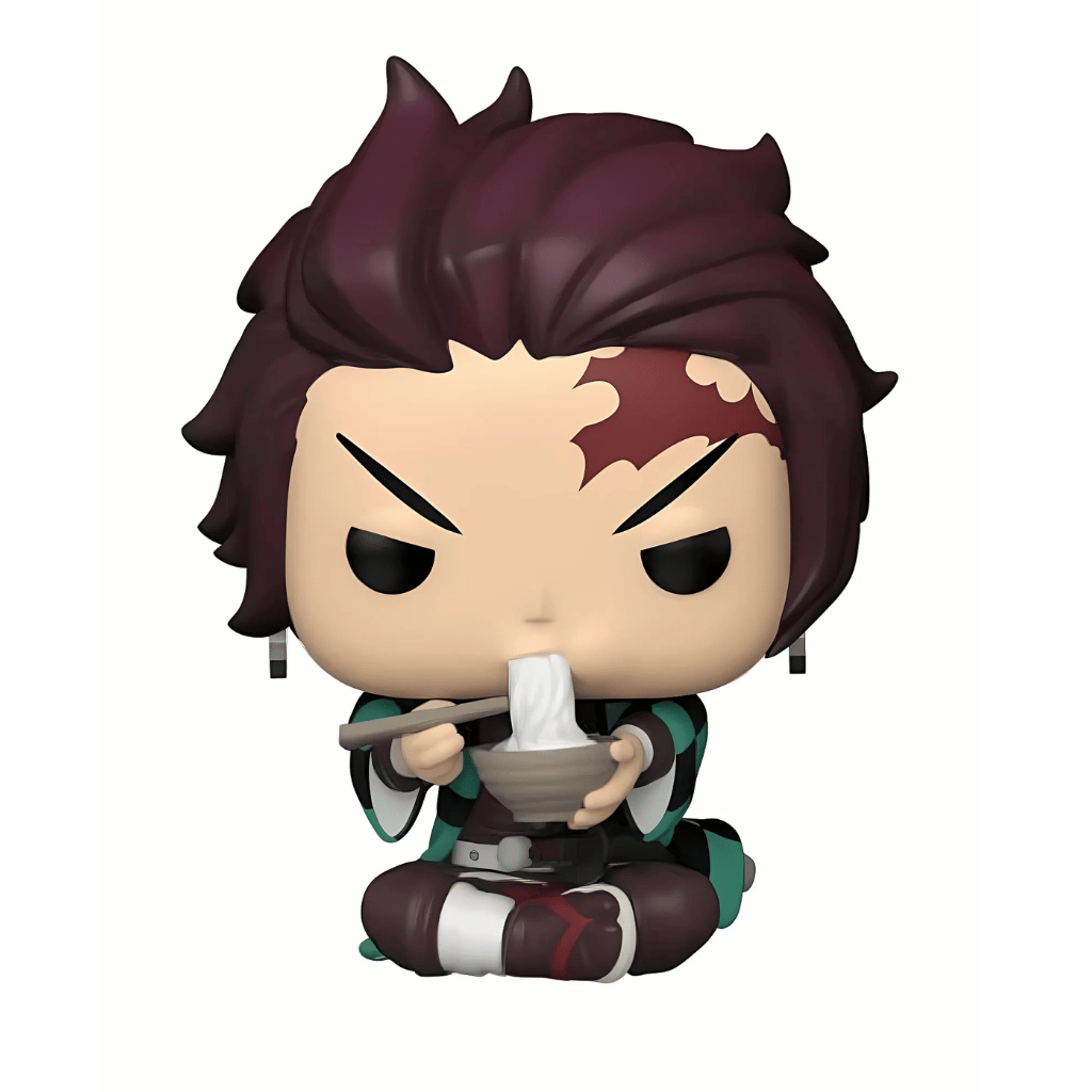 Figura Funko pop de Demon Slayer Tanjiro comiendo Noodles #1304, con fondo blanco.