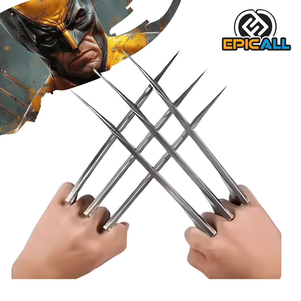 Se muestran dos manos sosteniendo seis garras metálicas, tres en cada mano, que se extienden hacia adelante. En la esquina superior izquierda, se ve una porción de la máscara de Wolverine.