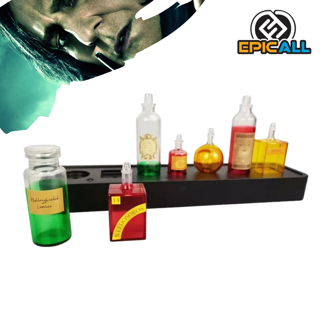 Un conjunto de seis frascos de vidrio de diferentes tamaños y formas, colocados sobre una base de madera negra. Cada frasco esta pintado de una forma en la que parece tener un líquido de color brillante y tiene una etiqueta con un nombre de poción ficticio. Los frascos están iluminados desde la base, creando un efecto mágico.