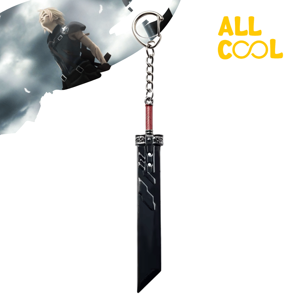 Un llavero de acero con la forma de la espada de Cloud Strife del videojuego Final Fantasy VII. La espada es de color plateado con detalles en negro y tiene un diseño detallado. El llavero está colgado de una anilla.