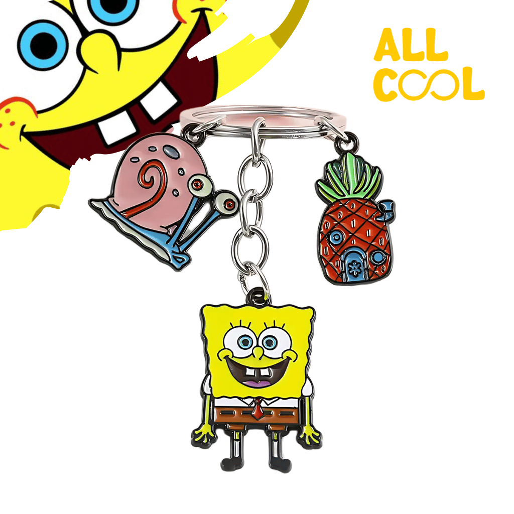 Un llavero de acero con múltiples dijes de los personajes de Bob Esponja: Bob Esponja, Patricio, Calamardo, Don Cangrejo y la casa de Bob Esponja. Los dijes están colgando de una anilla y tienen un diseño colorido y detallado.