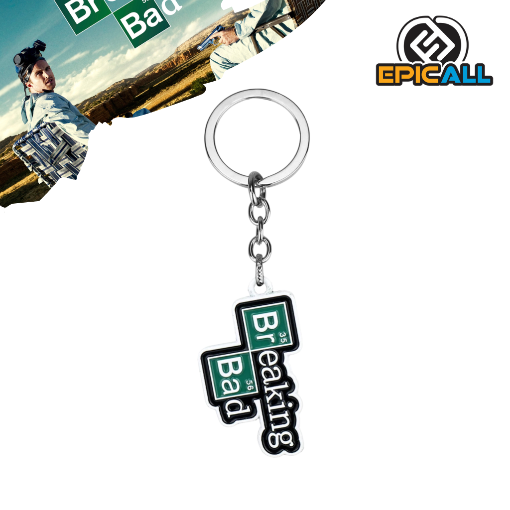 Un llavero metálico con el logo de la serie de televisión Breaking Bad. El logo es de color verde y blanco, y muestra dos elementos químicos con las letras "Br" y "Ba".