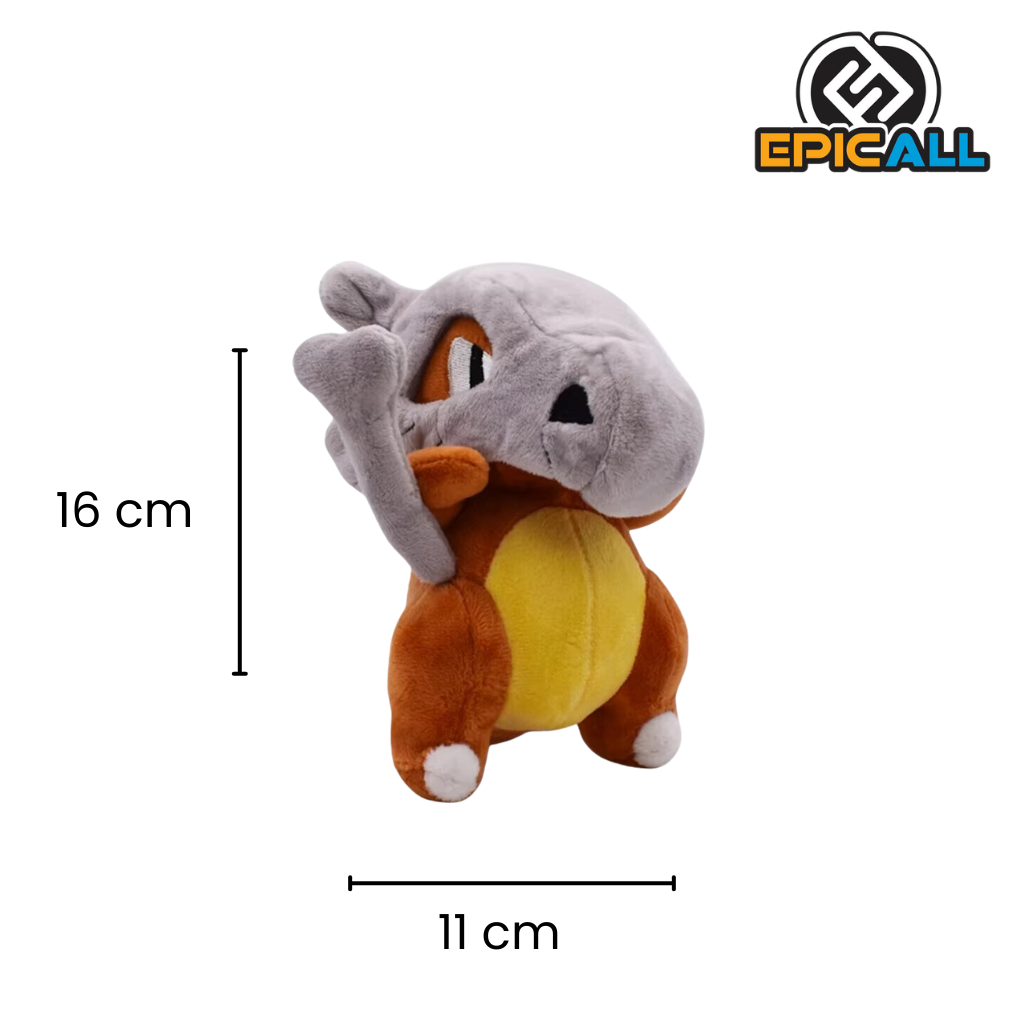 Peluche de Cubone de 16 cm de altura y 11 cm de ancho, con un cuerpo marrón, barriga amarilla y un casco gris de hueso.