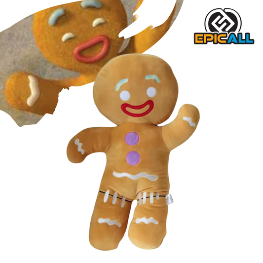 Un peluche de un hombre de jengibre, tal como aparece en la película de Shrek. Es de color marrón claro, con botones negros y una sonrisa grande. Tiene una textura suave y esponjosa.